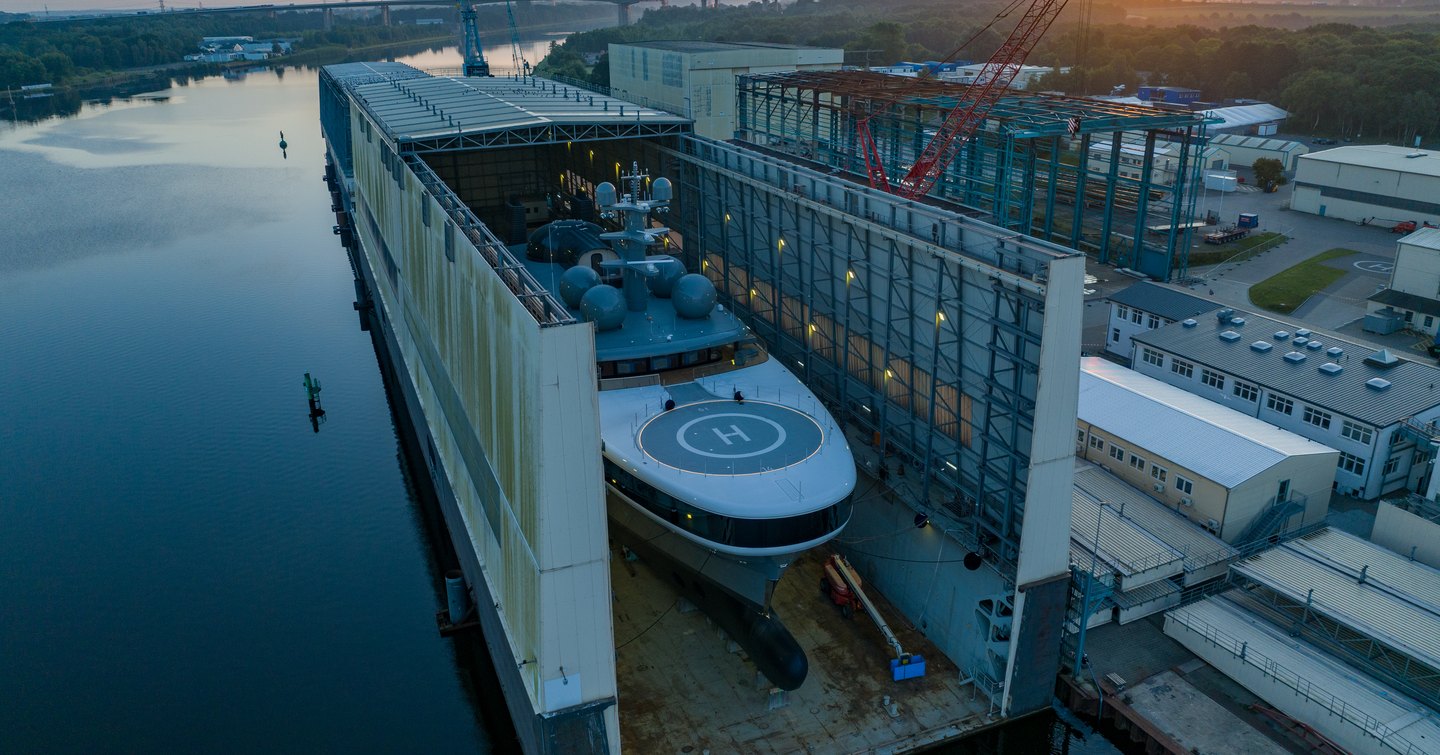 Aerial view of superyacht Project Cosmos fordeck at Lurssen shipyard 