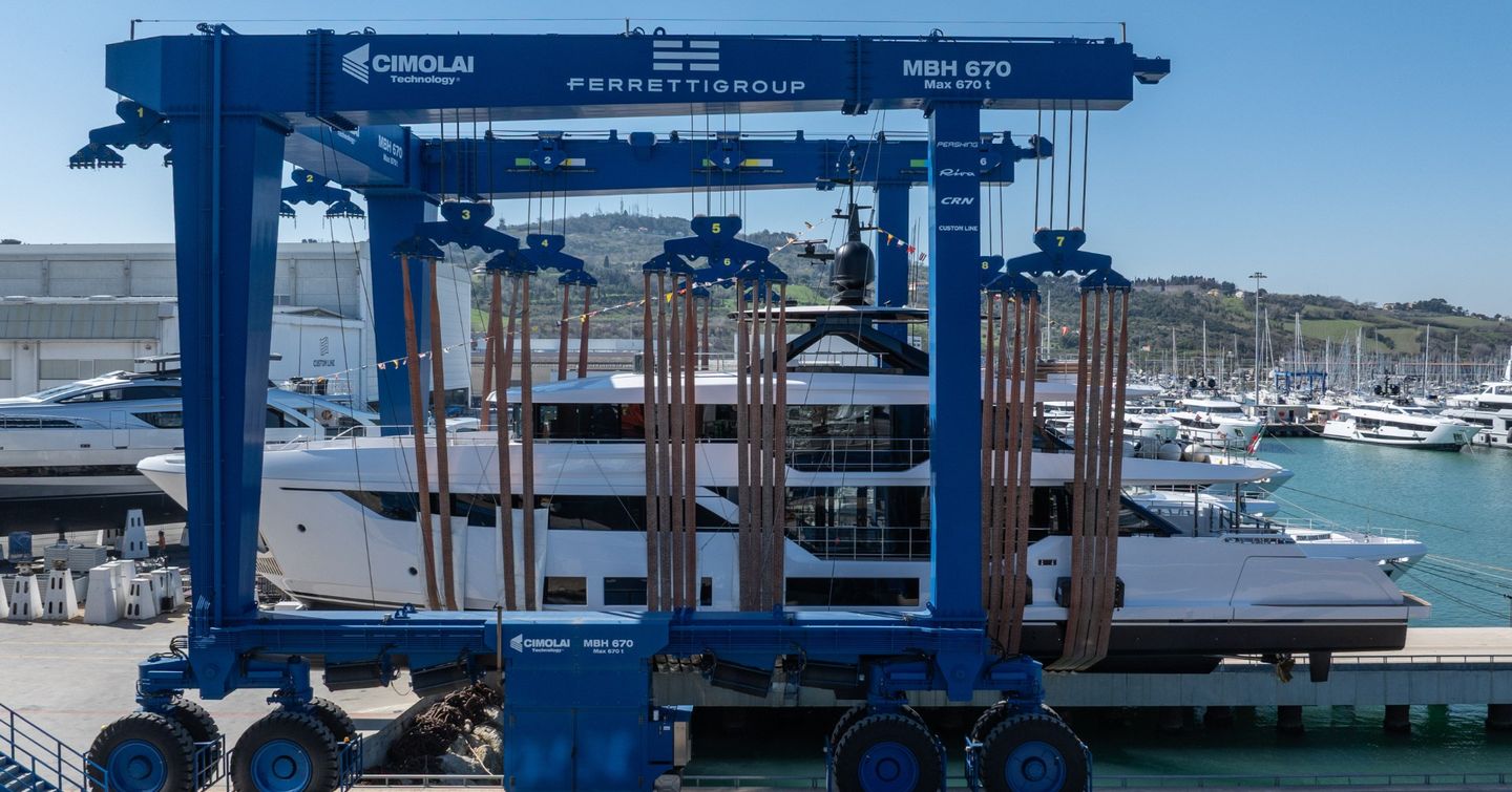 Third Custom Line Navetta 38 Motor Yacht on trolley before launch