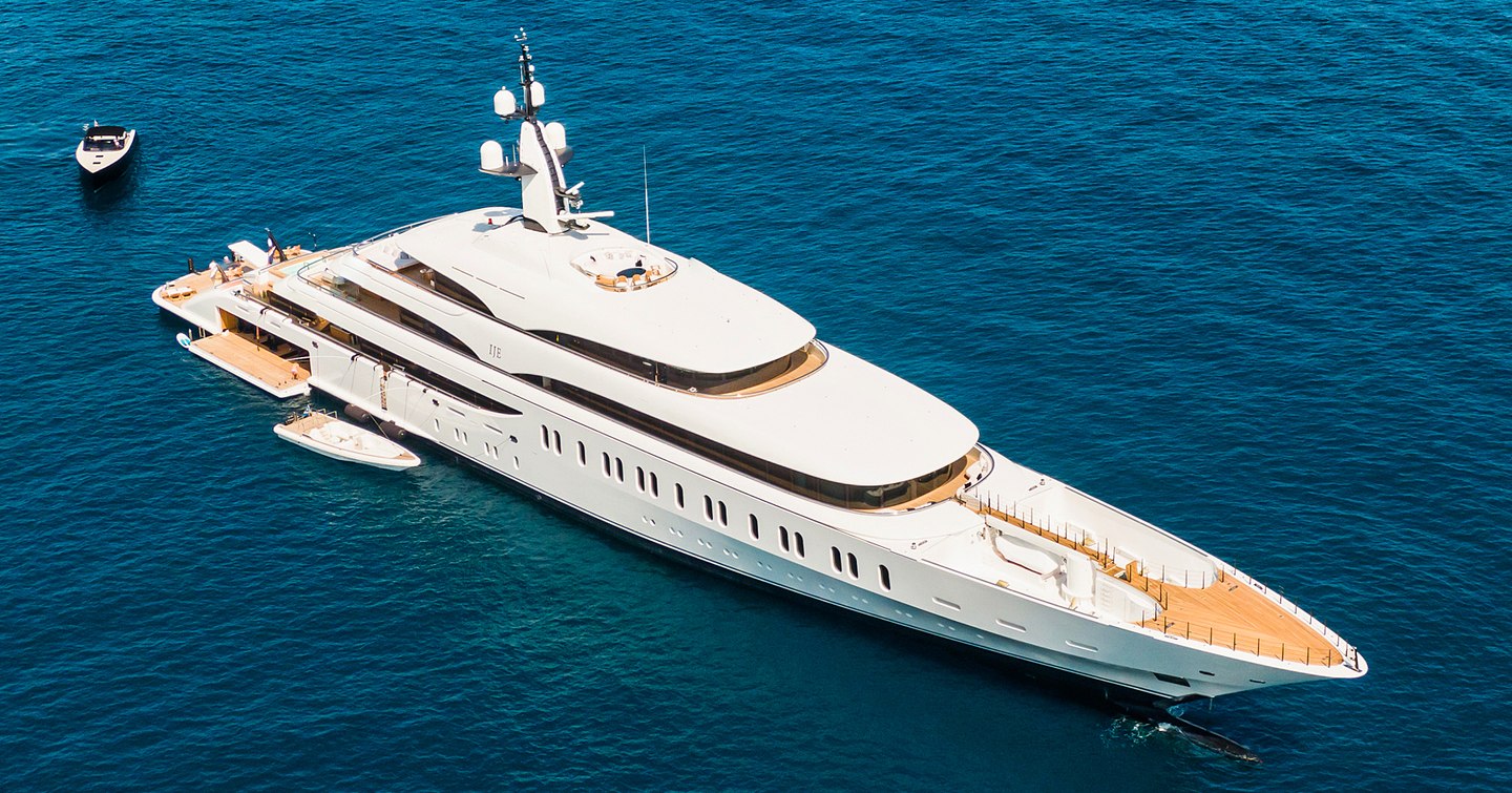 Aerial view of Benetti megayacht IJE at sea, with tender aft.