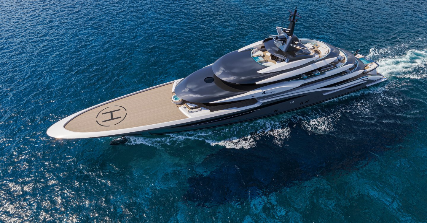 Rendering of ISA Amarcord 82 superyacht under way 