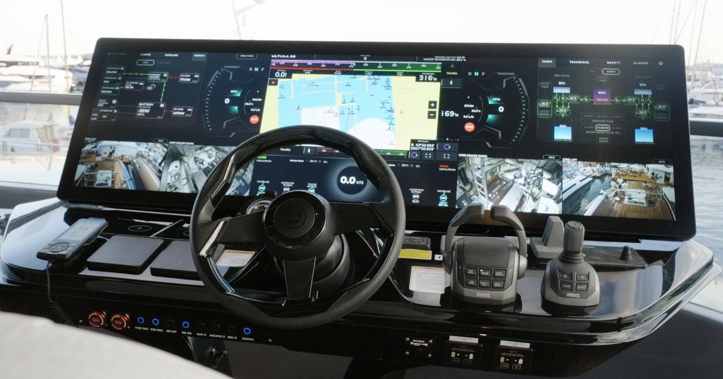 Sunreef Ultima 88 helm display showing navigation, engine data and camera feeds