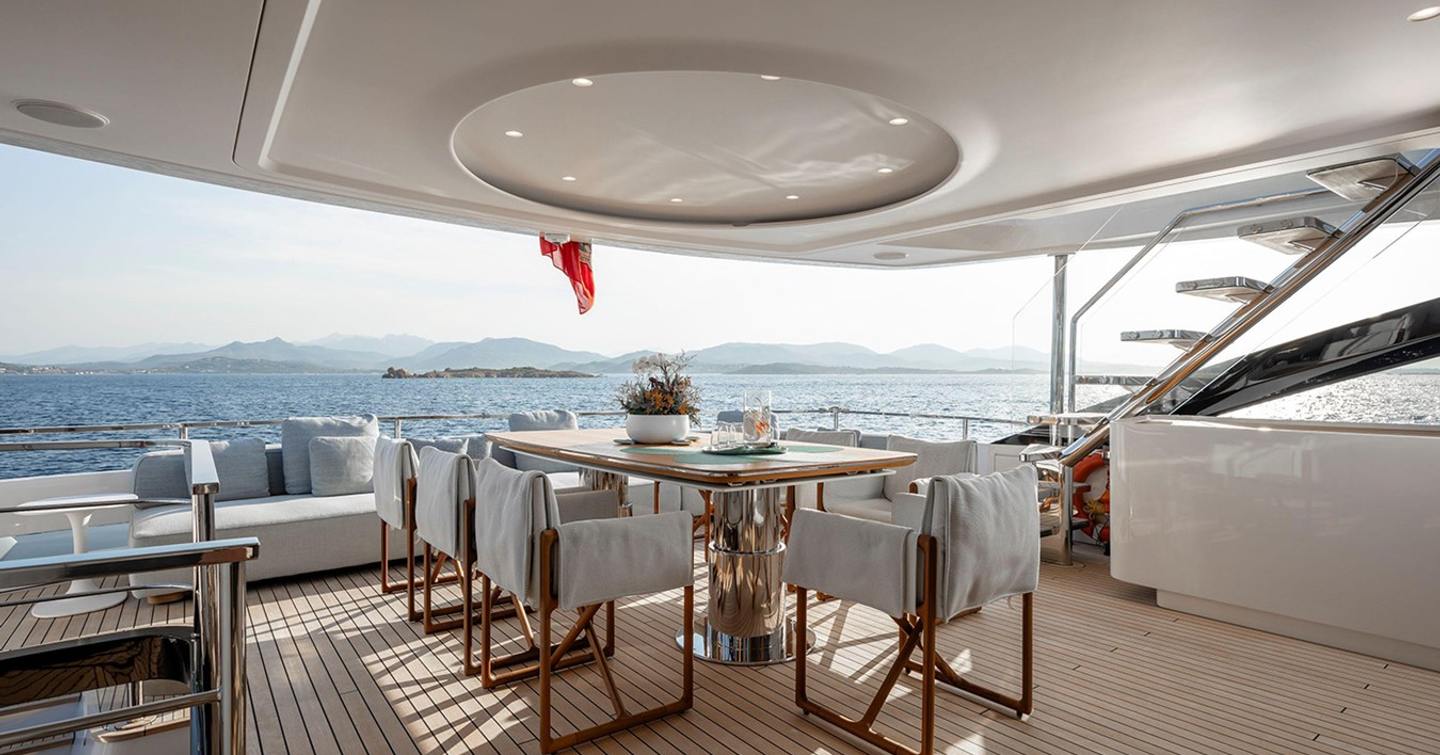 Superyacht Azimut Grande Trideck Tamanya aft deck shaded alfresco dining
