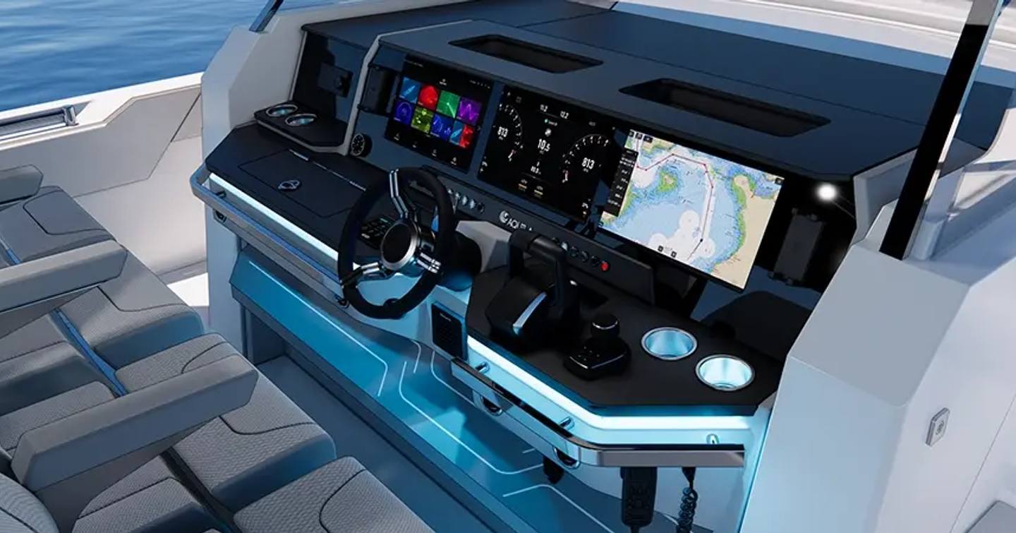 Rendering of Aquila 35 Sport Power Catamaran helm station monitor 