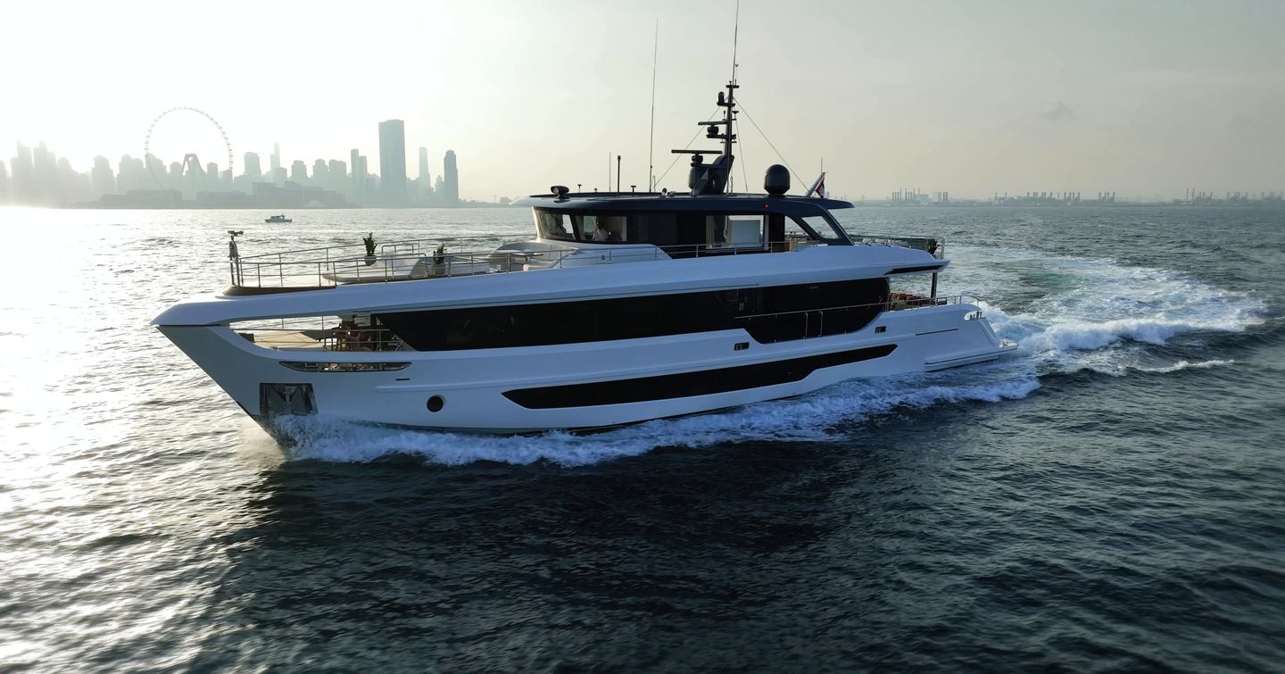 Gulf Craft Majesty 100 Terrace profile underway showing the redesigned bridge deck and owner's terrace