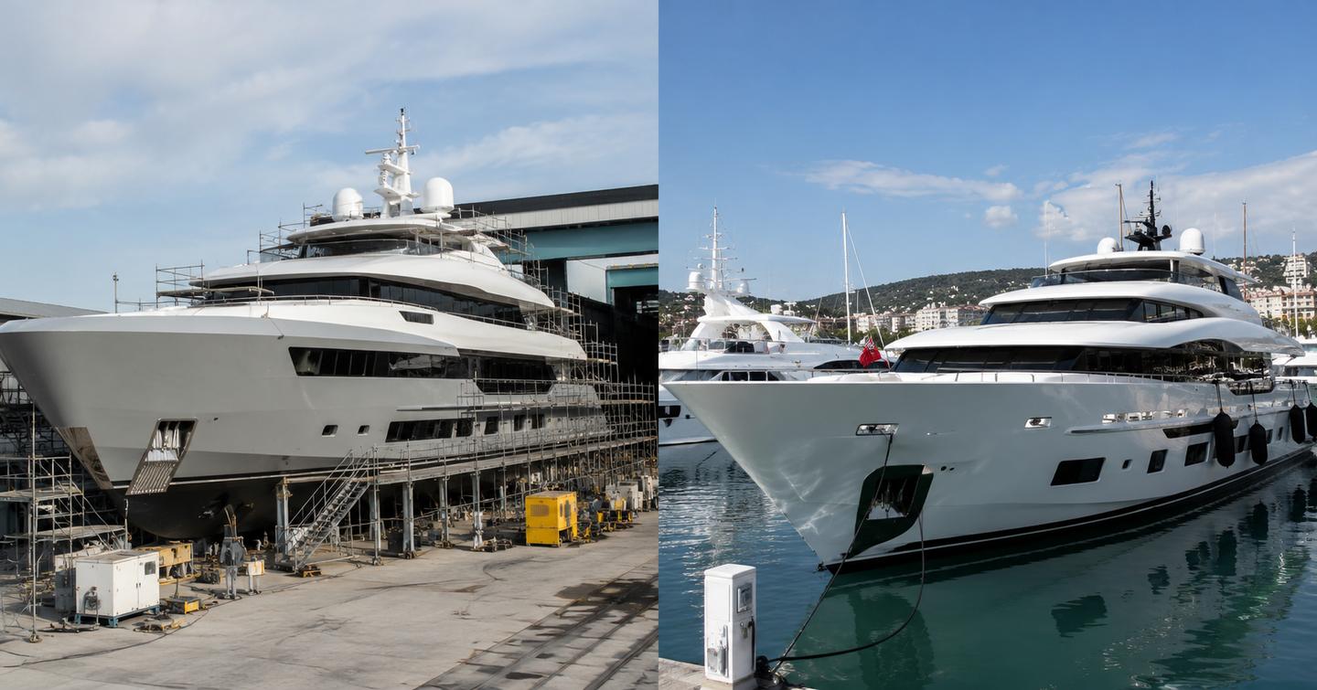 new yacht at a shipyard and a brokerage yacht moored in a marina 