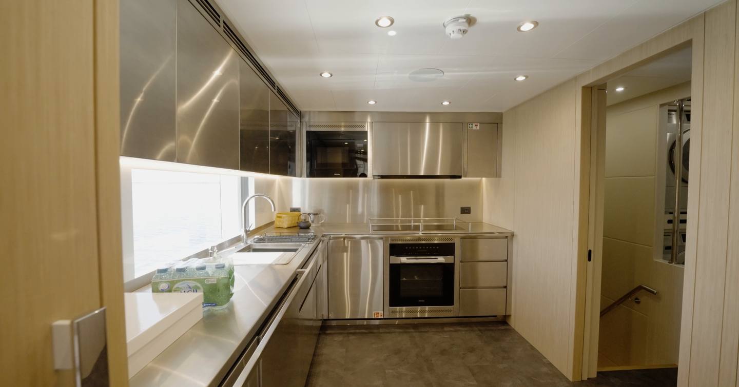 Professional stainless steel galley aboard the Gulf Craft Majesty 100 Terrace