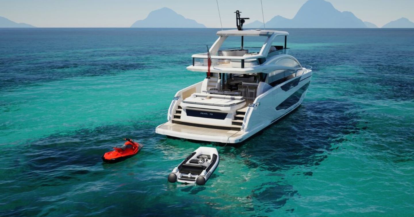 Rendering of Pearl 73 motor yacht at anchor with tenders behind 