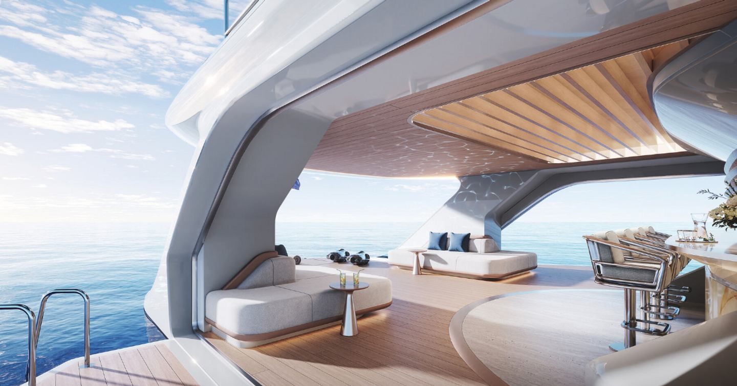 The spacious Gladius Crossover Performance yacht's beach club area with fold-down balconies