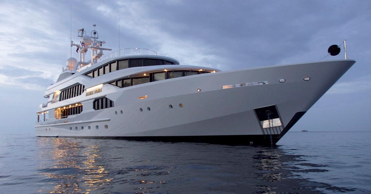 A shot of superyacht DOUBLE HAVEN looking at the starboard side and bow 