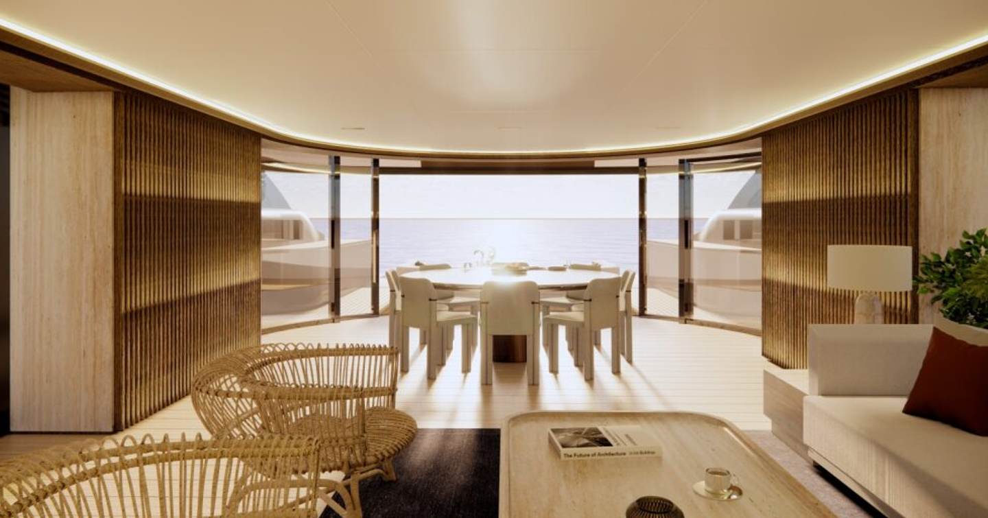 Benetti Oasis 42M motor yacht dining area in main saloon with panoramic windows and wooden furniture 