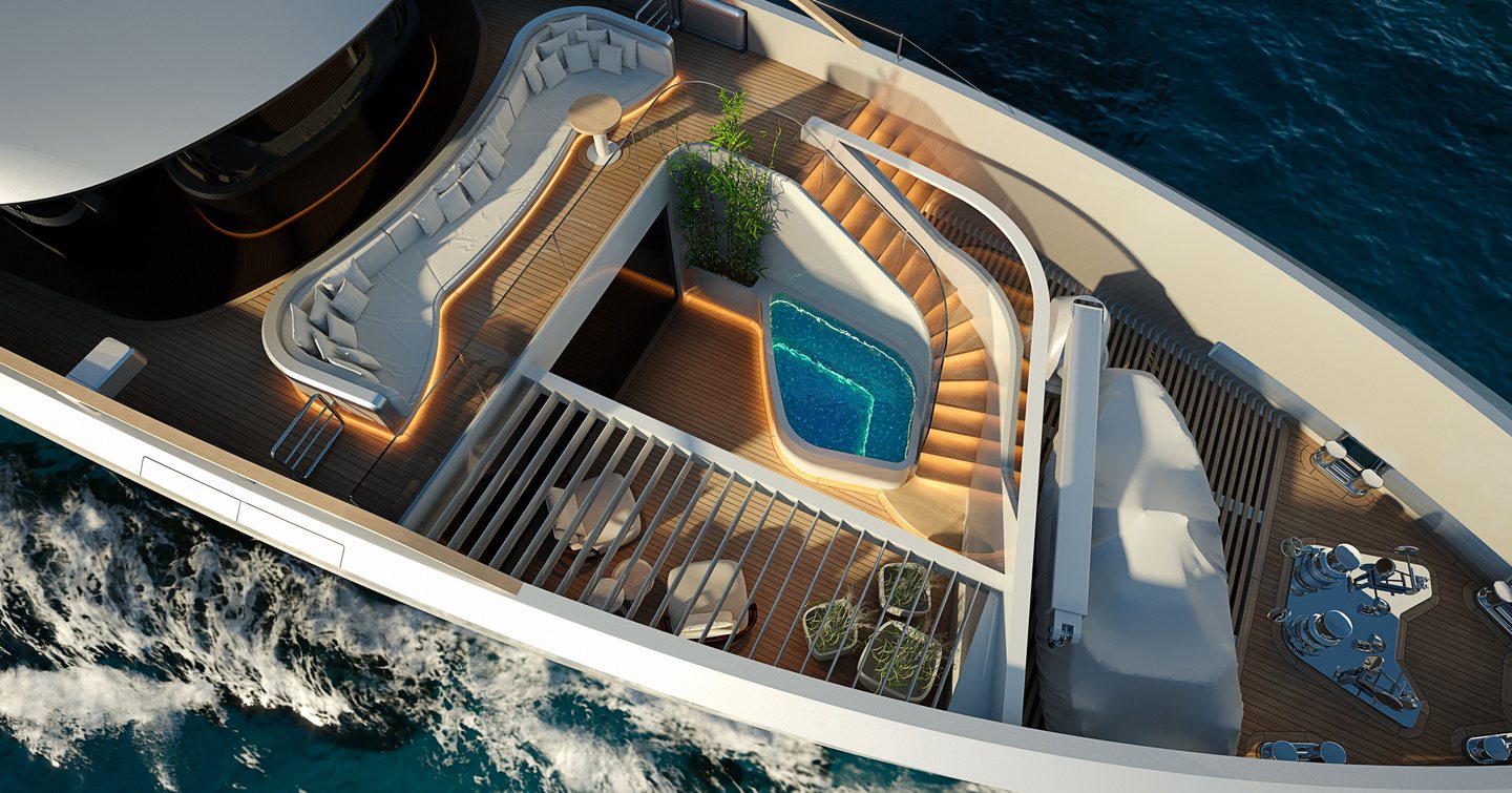 Rendering of Sirena 42M's bow with swimming pool and curved stairs