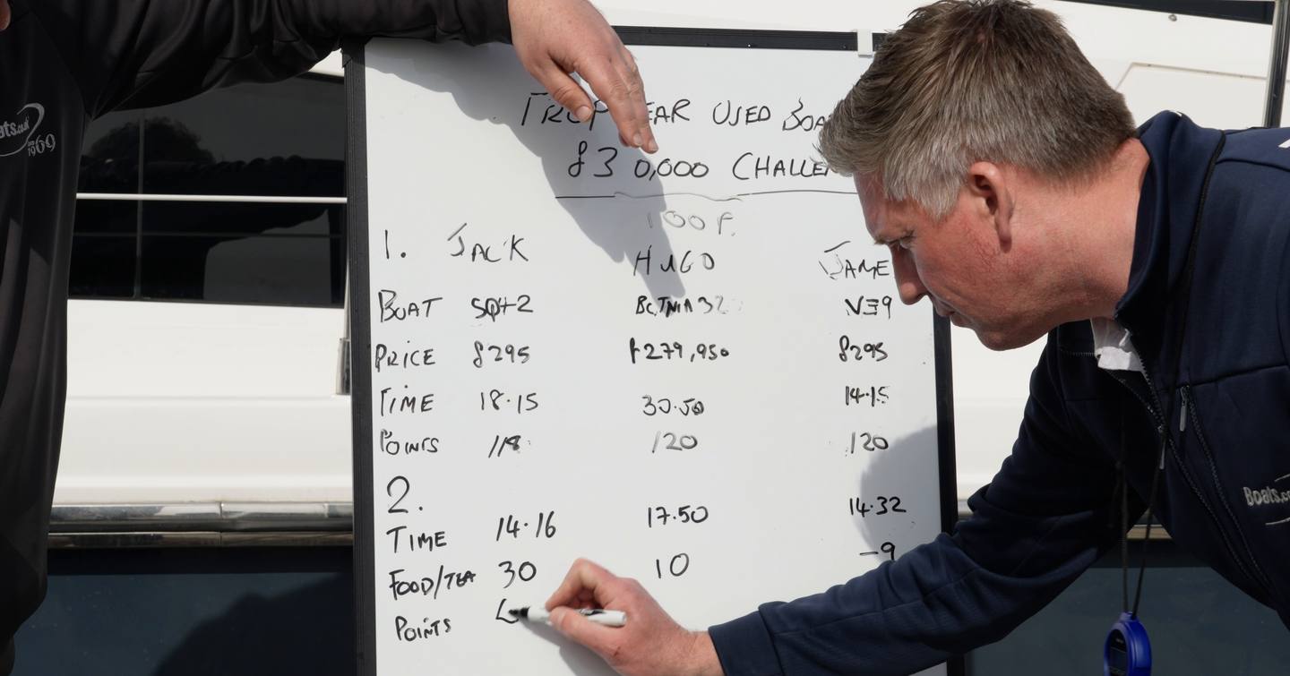 Handwritten Prop Gear scoreboard showing challenge times, prices and points for the Fairline Squadron 42, Botnia Targa 32 and Princess V39 during YachtBuyer's £300,000 used boat competition.