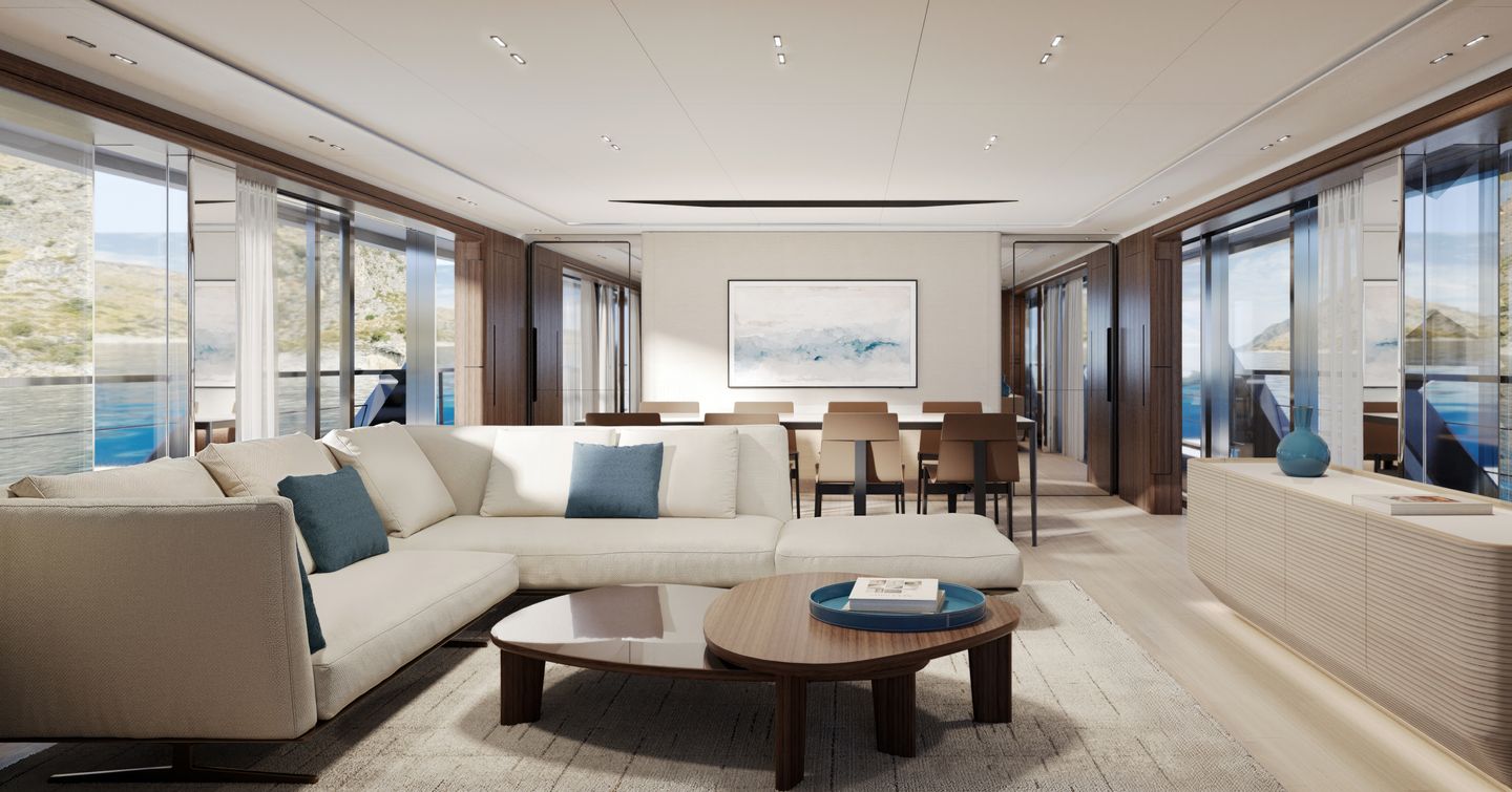 Rendering of the Custom Line Saetta 128' superyacht main saloon with L-shaped sofa and forward dining area