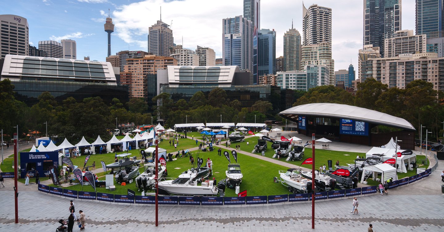Tumbalong park at Sydney International On-Water Boat Show with stands 