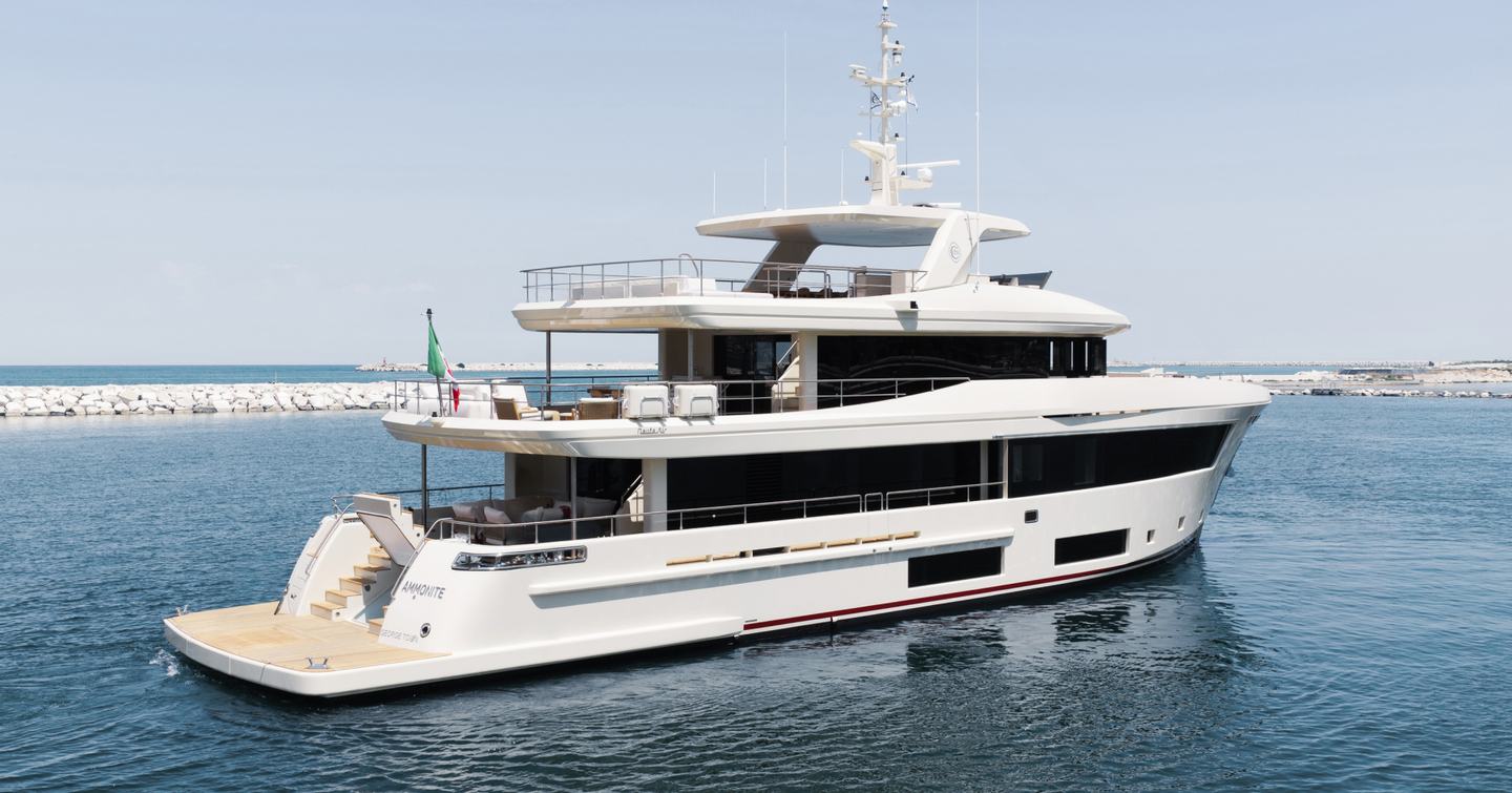 Explorer Yacht Ammonite at anchor at launch