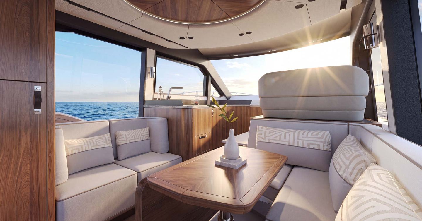 Galeon 420 Fly yacht saloon dining area 