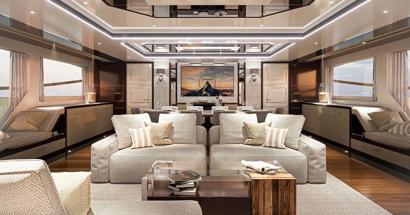 Rendering of SES Sportsfisher Yacht Project Freedom main salon with plush beige seating 