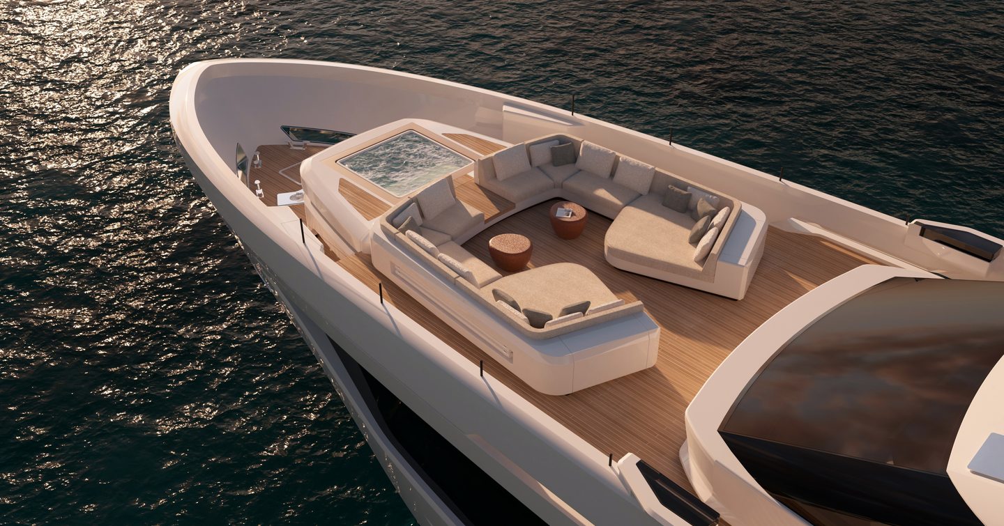Rendering of the Custom Line Saetta 128' superyacht foredeck with infinity pool and U shaped seating