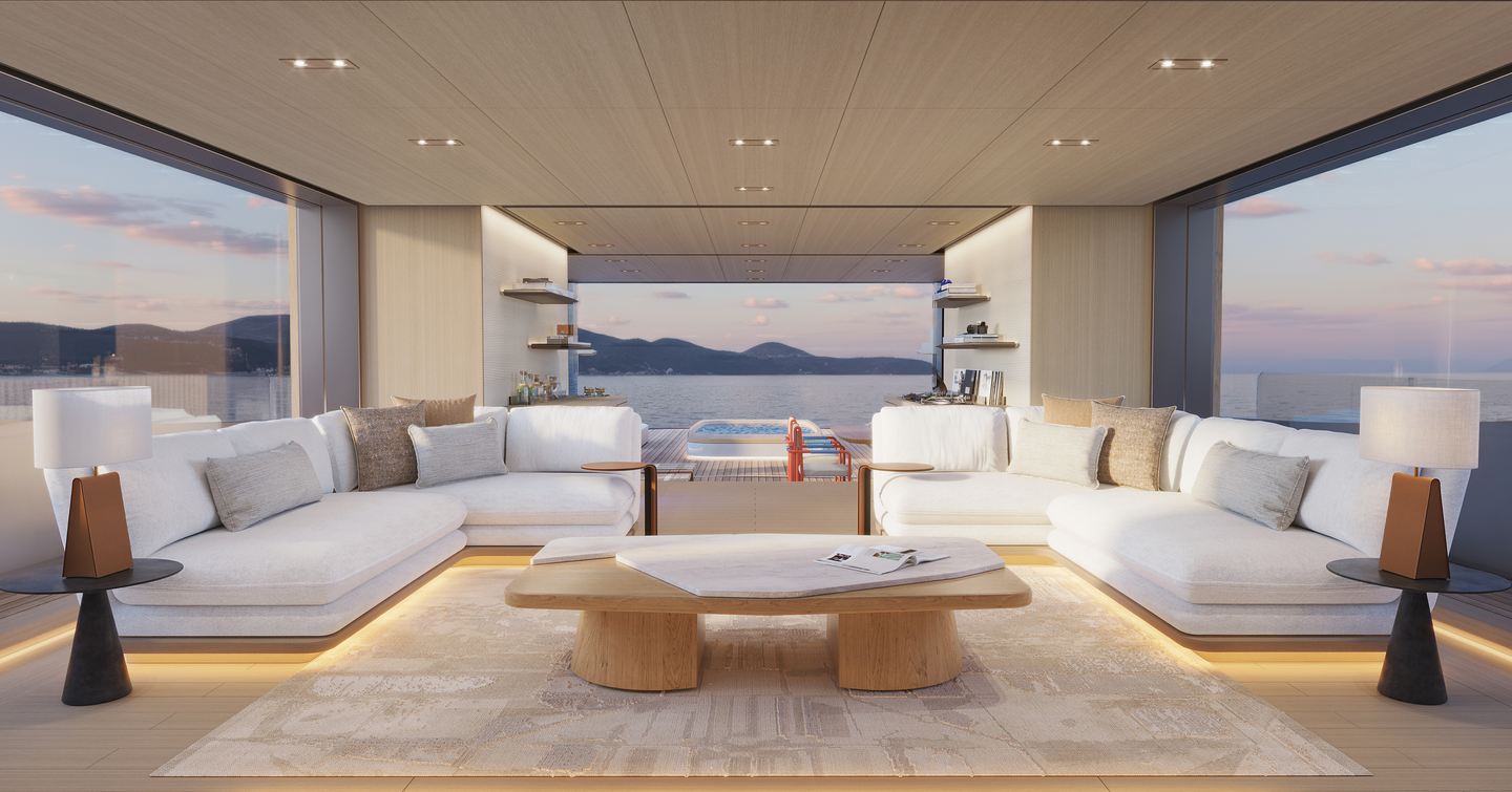 Rendering of Benetti B.Neos superyacht saloon with dual white L-shaped sofas and wooden coffee table