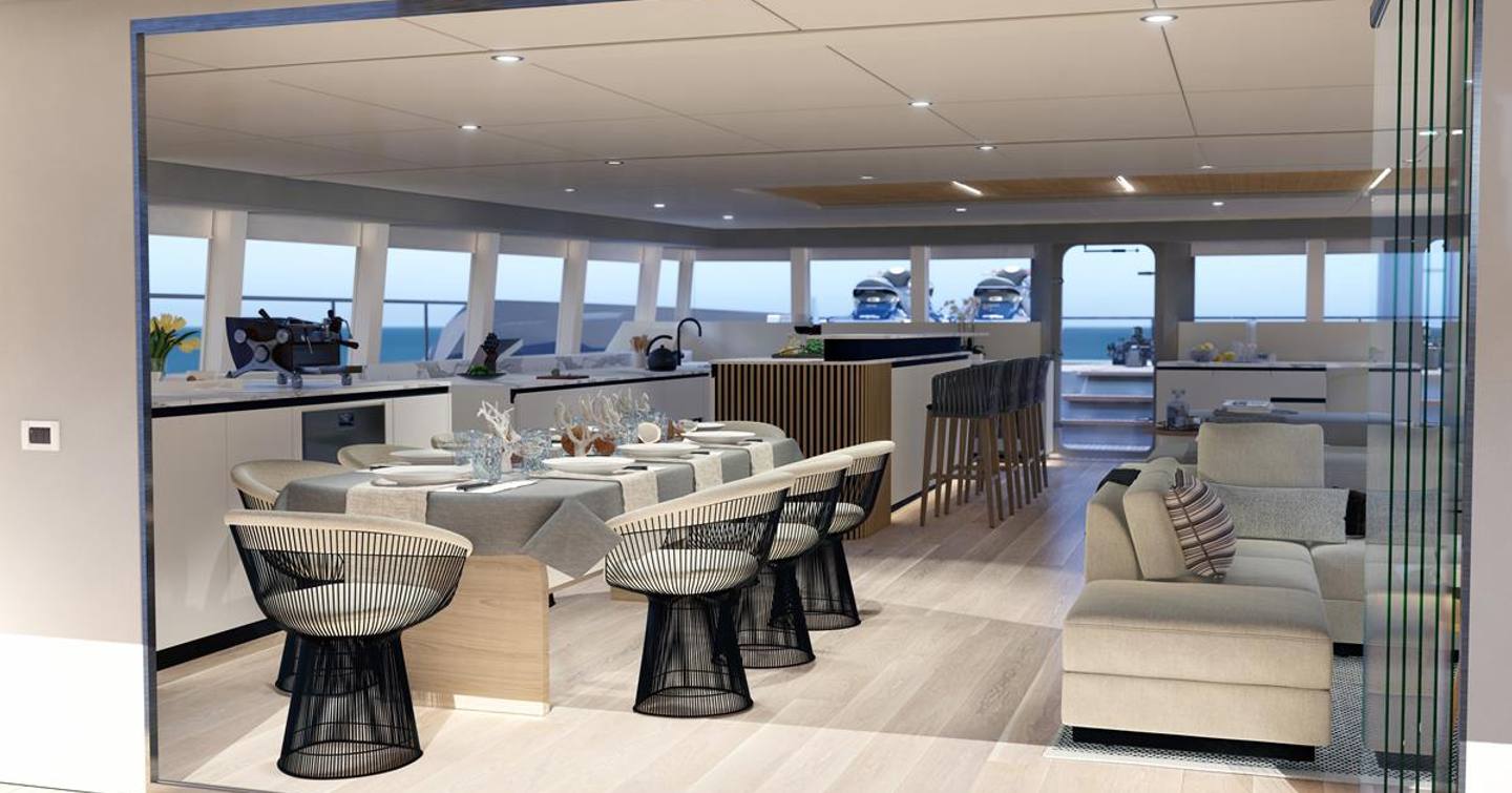 The Two Oceans 870 Power Catamaran's main saloon cleverly blends different areas 