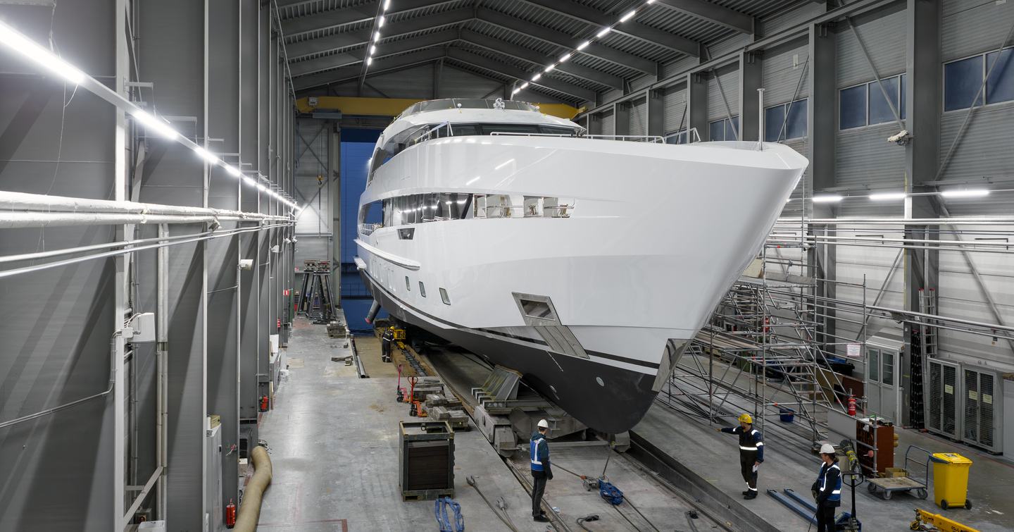 Superyacht Project Sophia bow in Heesen shipyard before launch