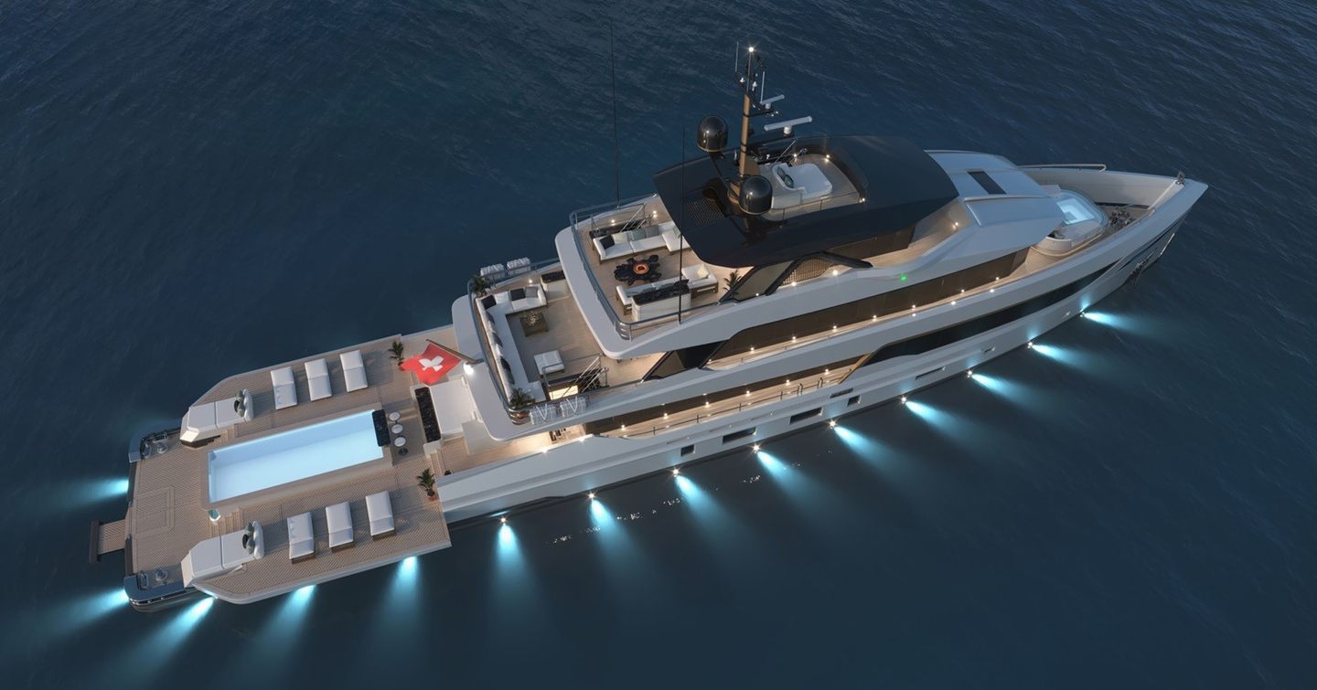 Rendering of Bering 165 explorer yacht at anchor with blue underwater lights
