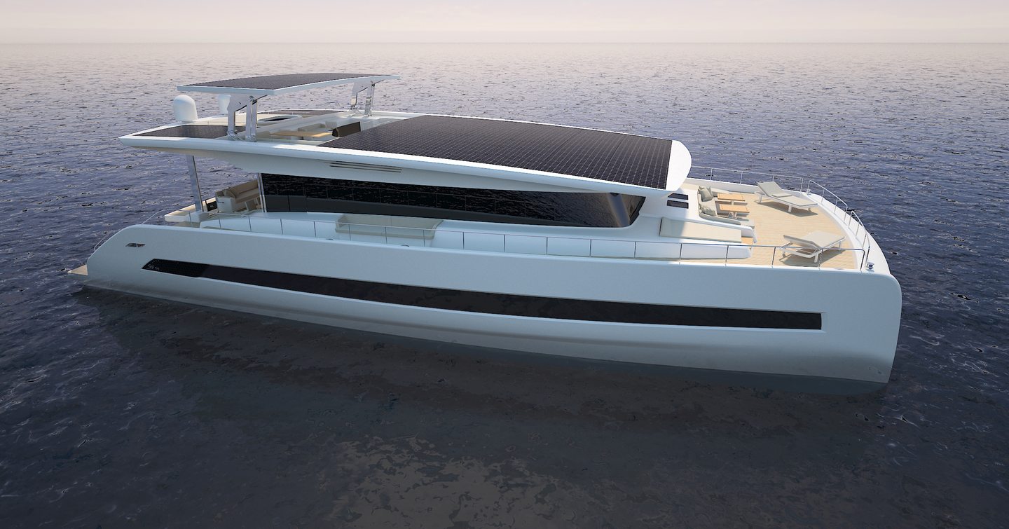 Rendering of Silent 80 Flybridge catamaran at anchor