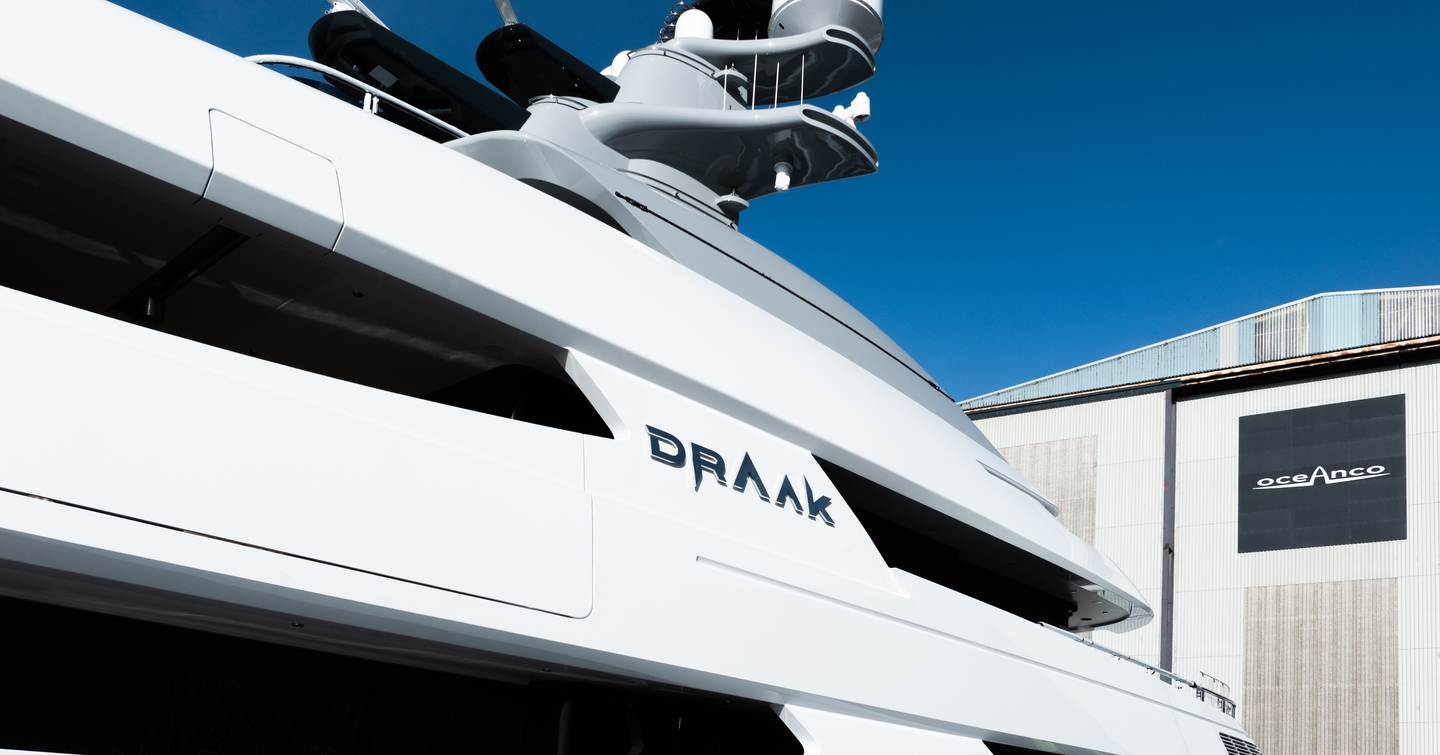 Close up of Oceanco Superyacht Draak superstructure and emblem post re-build