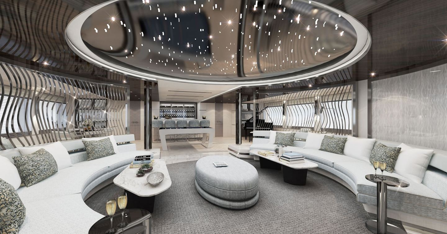 Rendering of Superyacht Al Reem's main saloon with curved seating