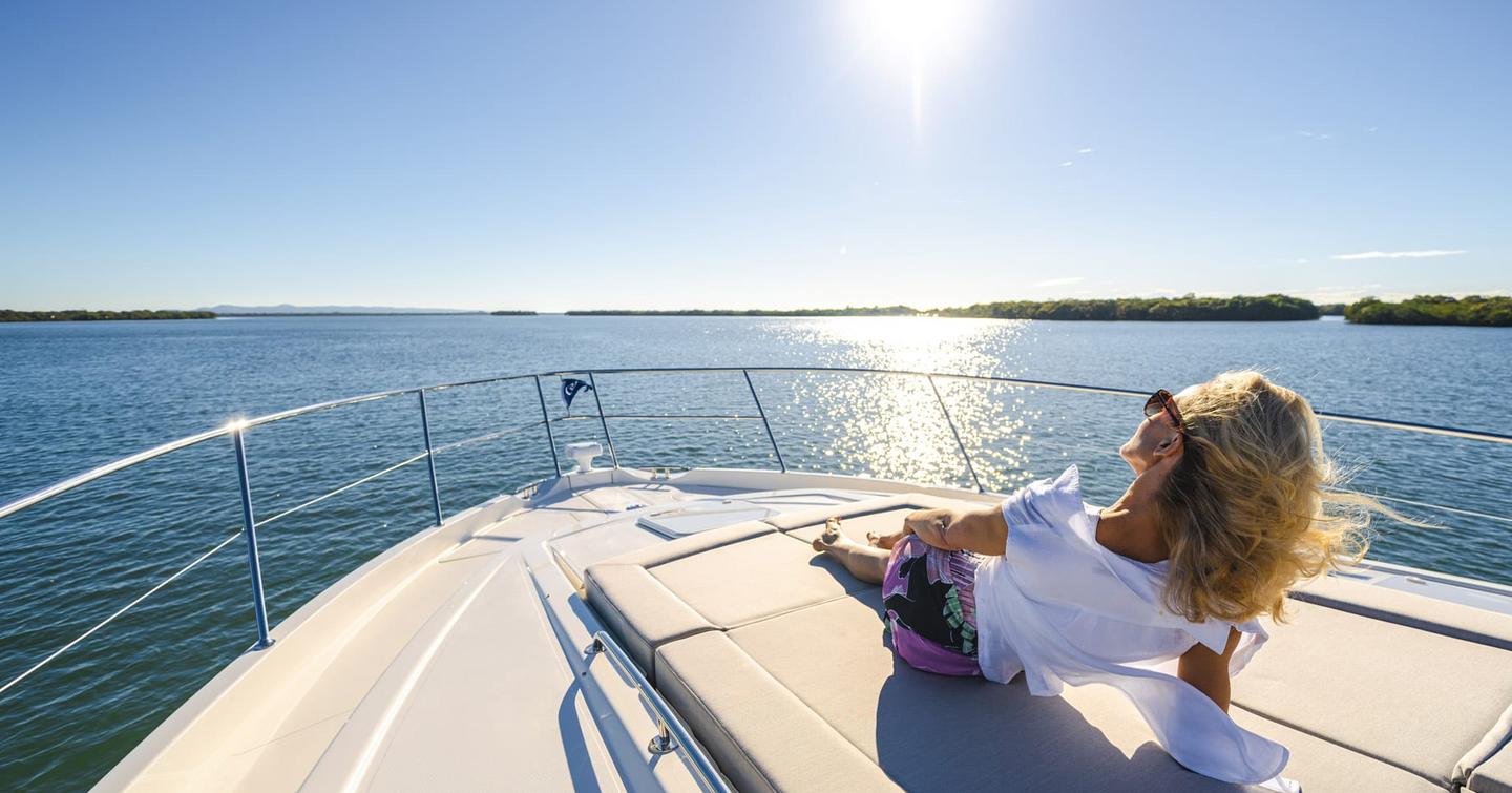 Riviera-6000-Sport-Yacht-Platinum-Edition-Review-foredeck-sunpad-lounge