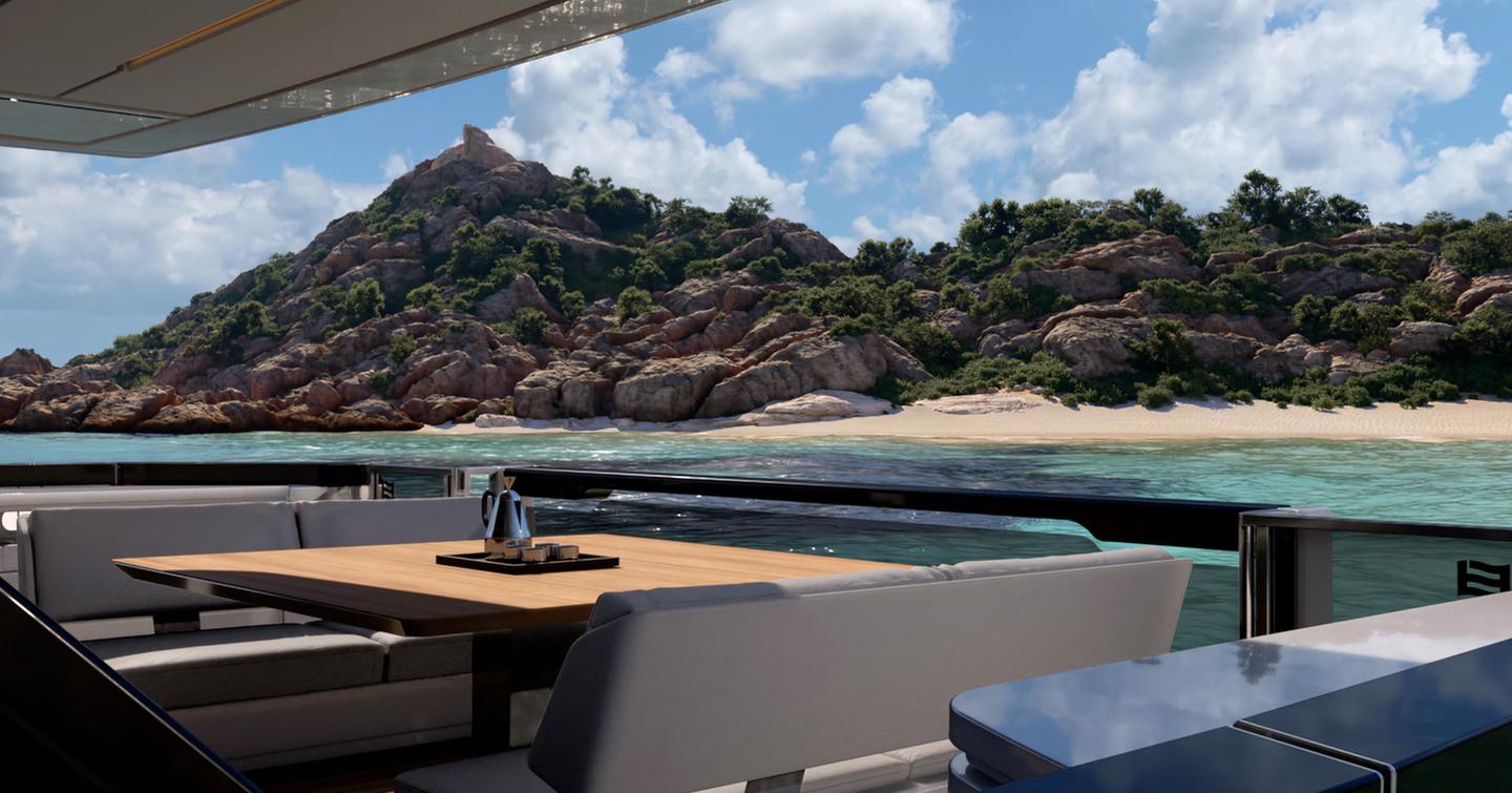 Motor yacht Ferretti 940 aft deck with alfresco dining