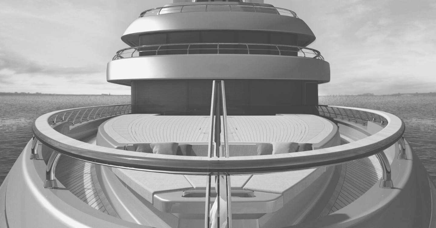 Rendering of superyacht Faith foredecks in black and white