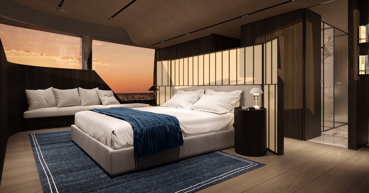 Rendering of Sanlorenzo SX120 motor yacht master cabin 