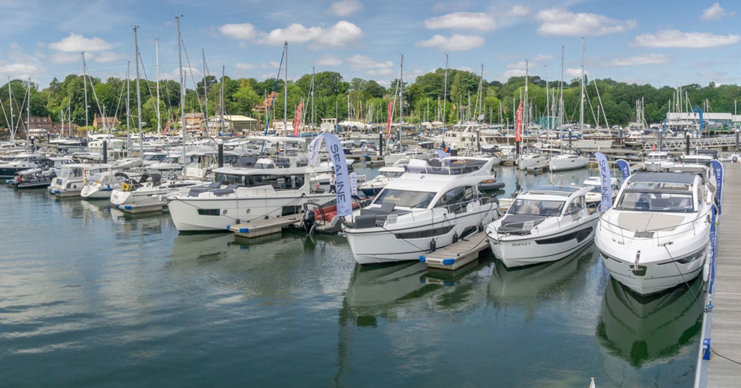 Overview of sail boats and small motor boats berthed at Swanwick Marina, Southampton.