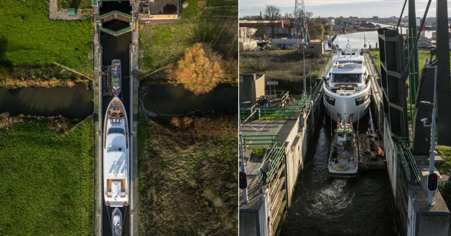 Split photo of 36m superyacht Jangada on sea trials and passing through the dutch canals 