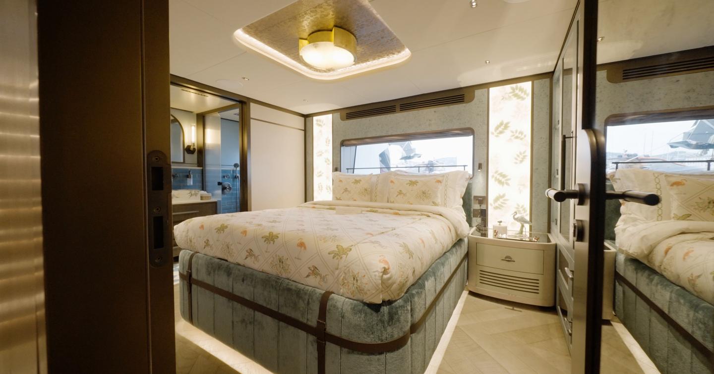 Sirena 118 lower deck double guest cabin with backlit decorative panels