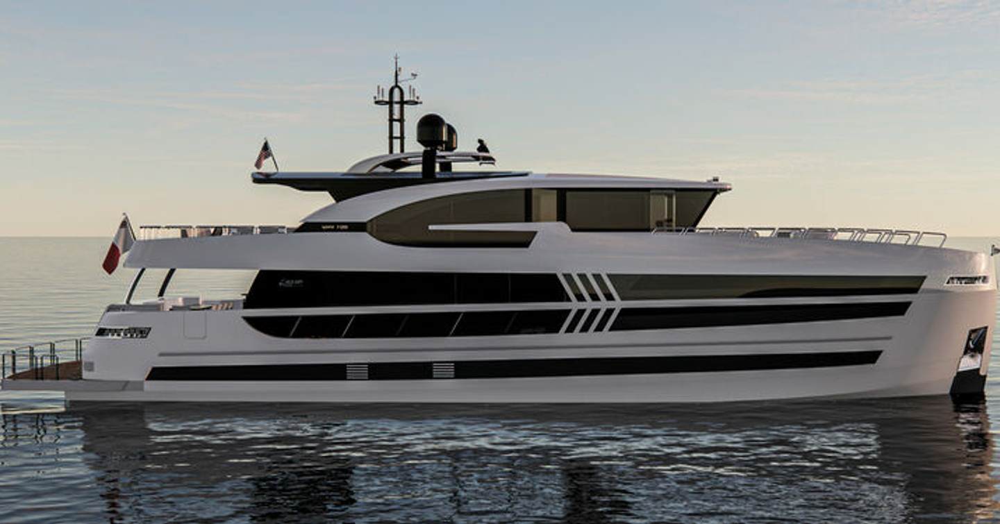 Rendering of First Lazzara UHV100 motor yacht docked
