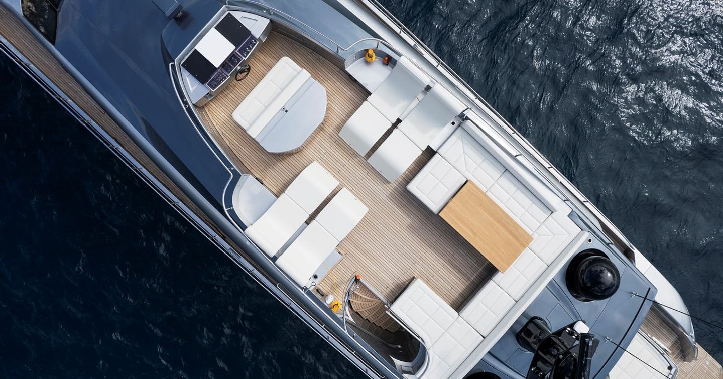 Aerial view of Pershing 108 superyacht Grace flybridge 