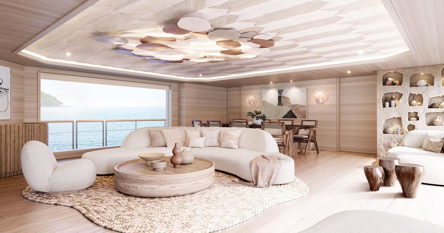 Superyacht Nasiba's main saloon with curved seating 