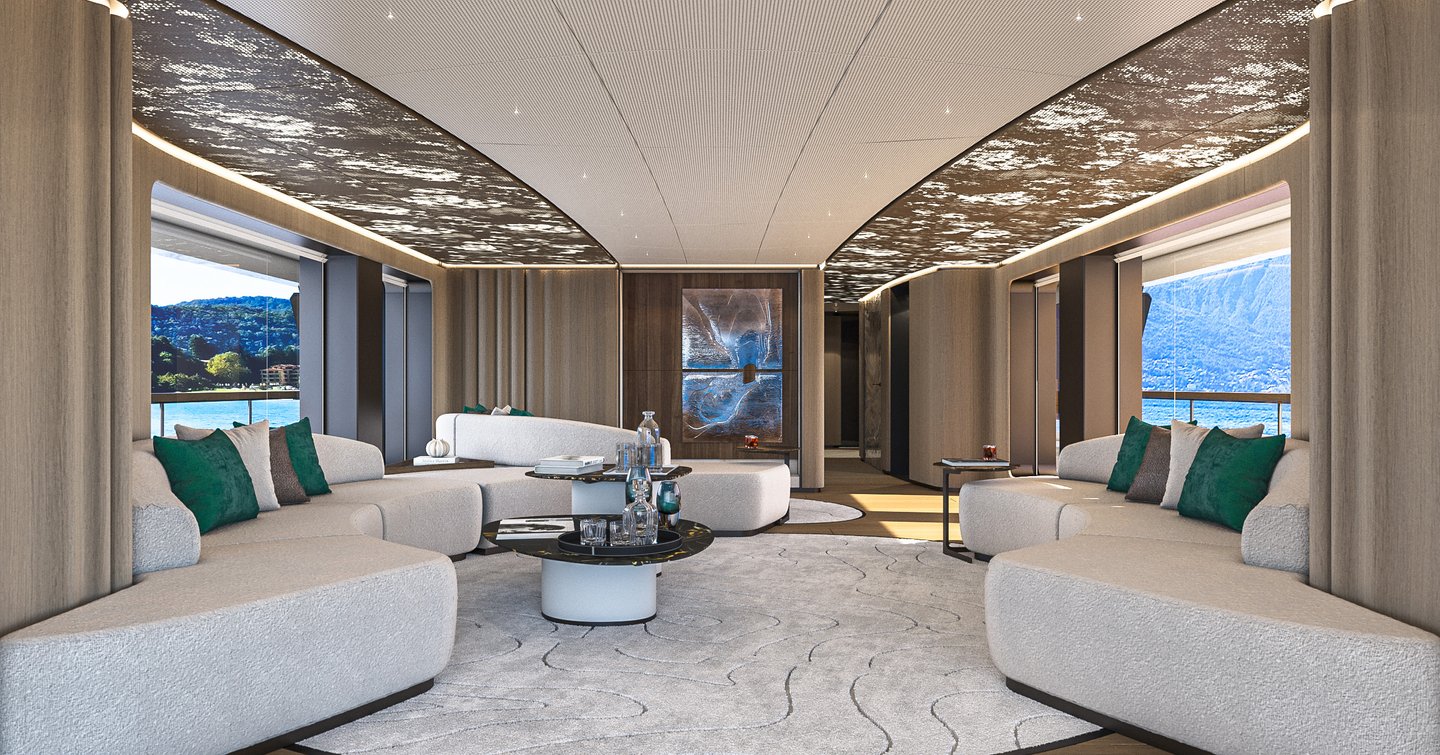 Rendering of Sirena 42M Superyacht main saloon with curved white seating and marbled carpet
