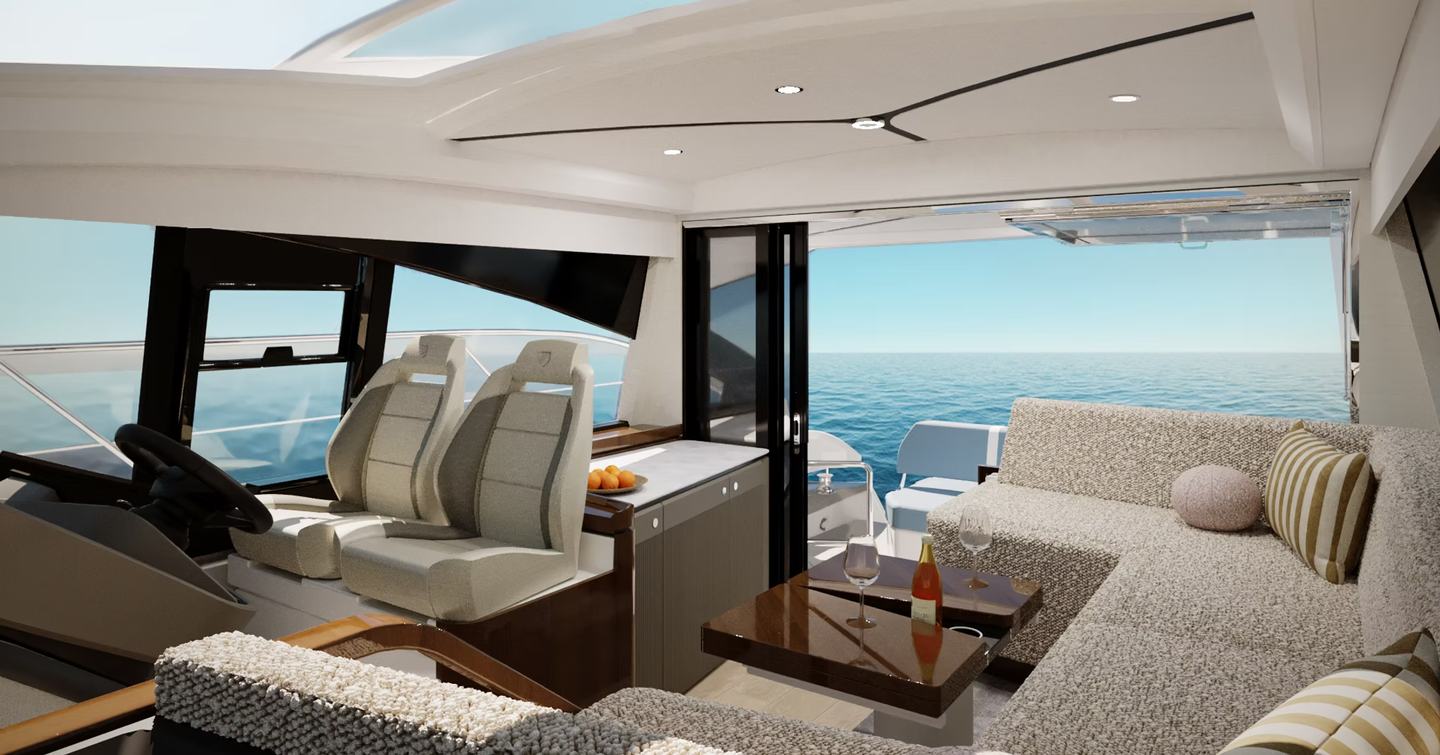 Rendering of Fairline Targa 47 GT boat interior with grey U-shaped seating and helm station