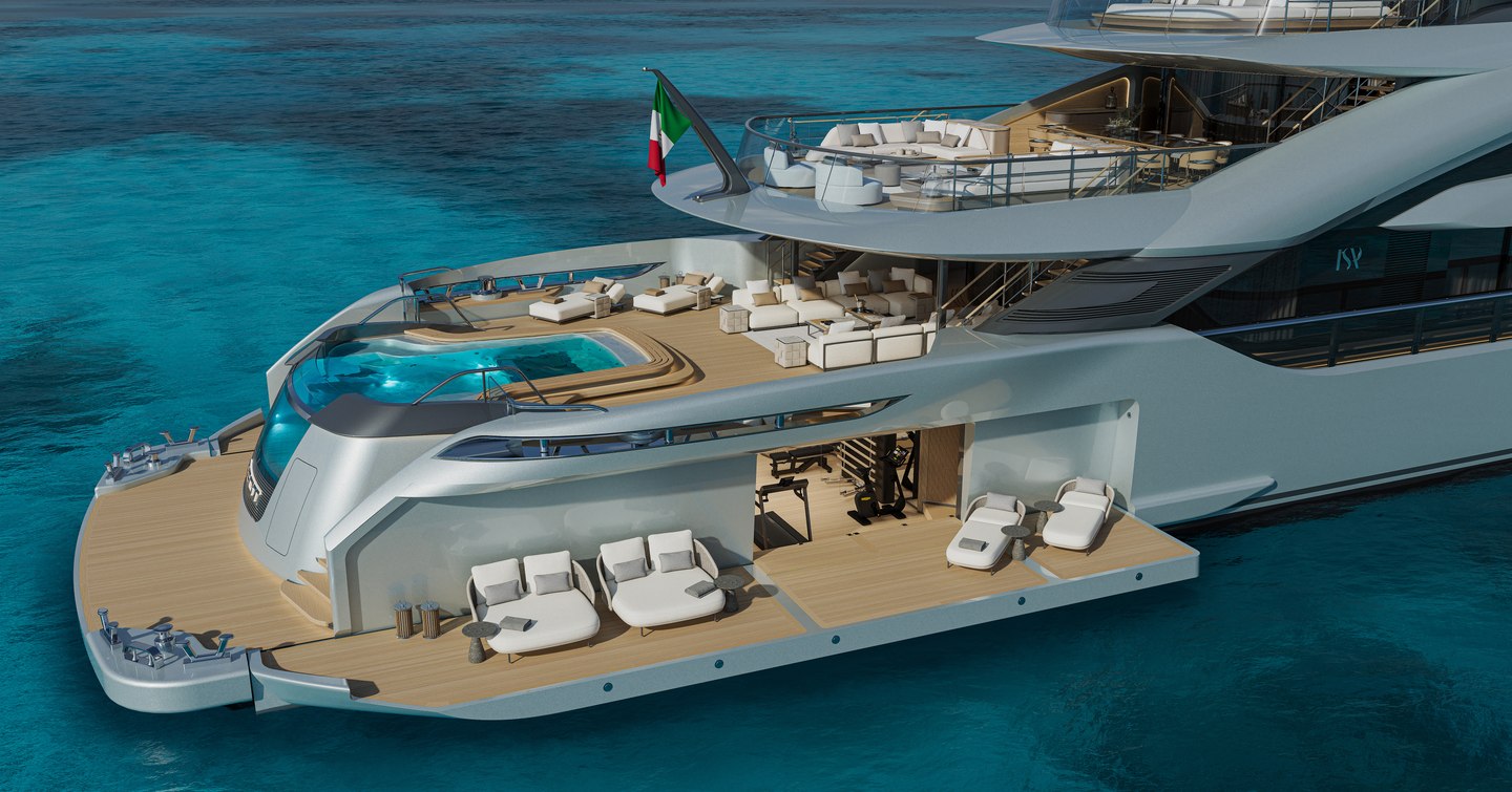 Rendering of ISA Yachts Granturismo 66 Superyacht aft deck with fold down balcony and wellness area
