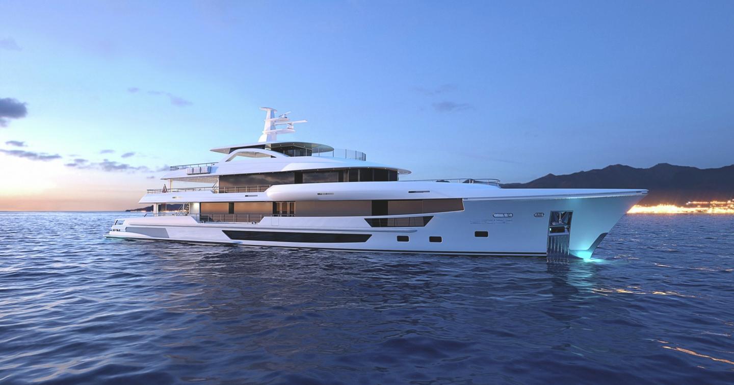 Burger 180 motor yacht at anchor with sunset in background