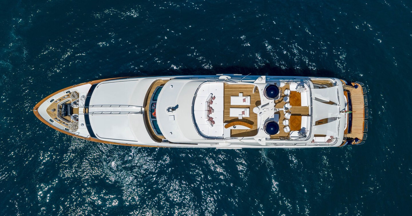 Aerial view of Benetti Classic 120 Superyacht Kos post refit 