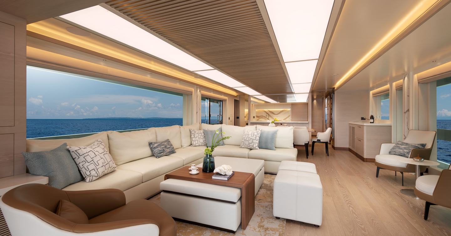 FD100 Tri-Deck Hull 13 main saloon with L-shaped sofa