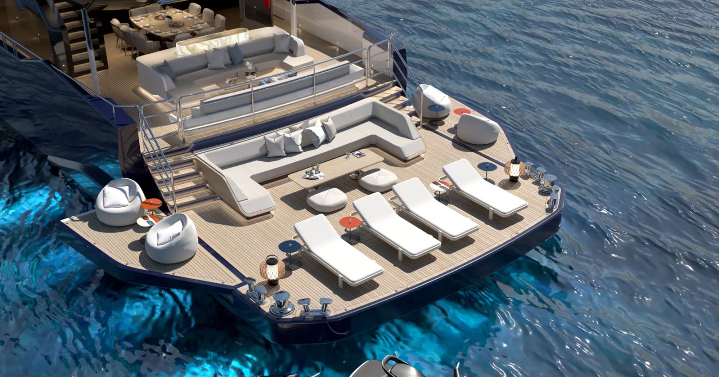 Rendering of Dearsan Superyacht Queen Yaz beach club with fold out terraces with sun loungers and U-shaped sofa