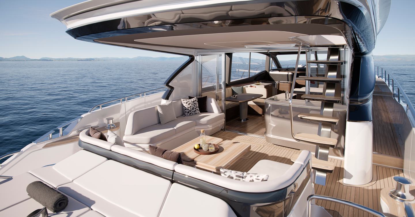 Rendering of Princess S74 motor yacht aft deck with beige sunpad and curved white seating
