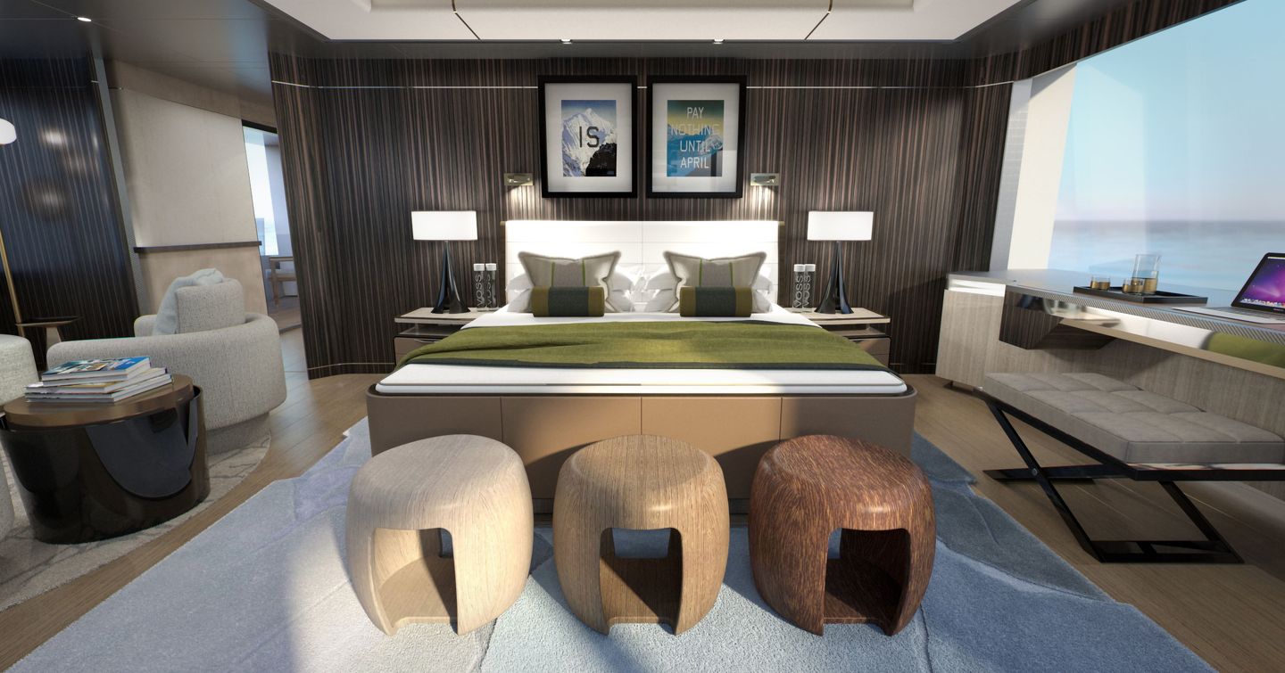 Boss Quarters on board motor yacht Spitfire with King-sized bed and green furnishings 