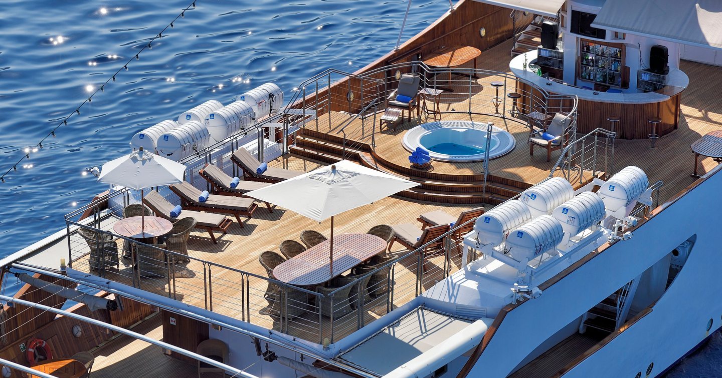 Superyacht Christina O upper deck with shaded sun loungers and jacuzzi