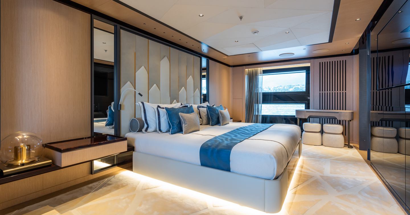 The cabins onboard superyacht JIMMY benefit from tall ceilings and large windows for extra light 